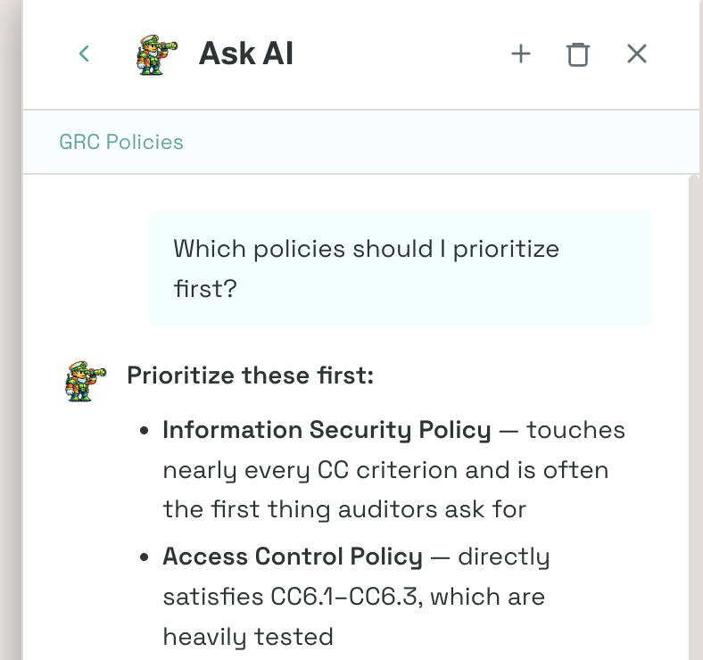 Ask AI panel showing GRC Policies context chip, a user question about policy prioritization, and AI response recommending Information Security Policy and Access Control Policy
