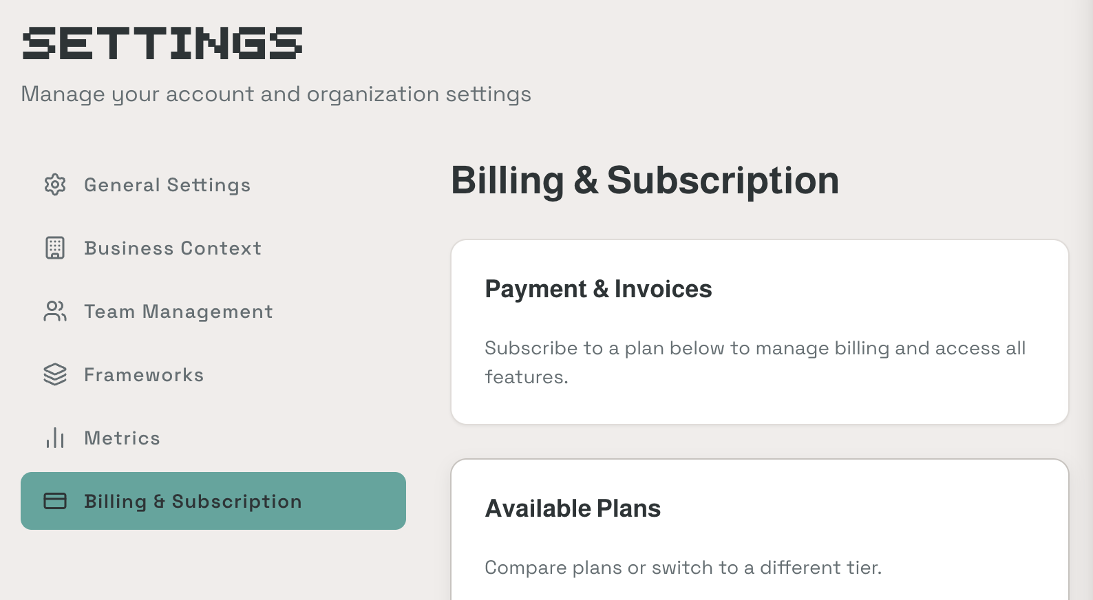 Billing & Subscription tab showing Payment & Invoices section and Available Plans