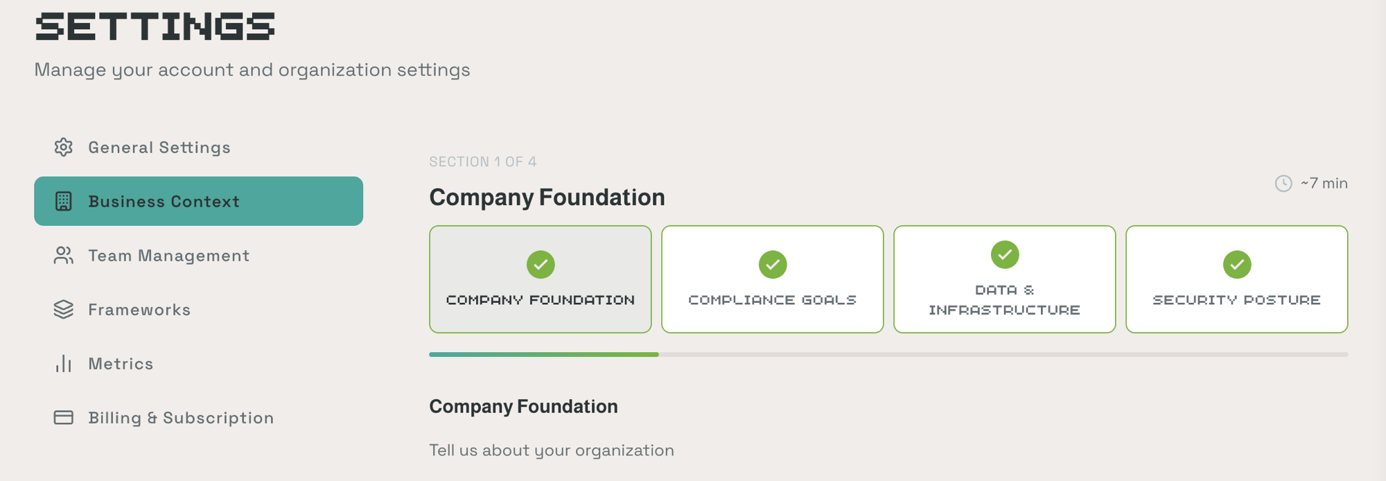 Business Context tab showing the Company Foundation section with 4-section survey navigation