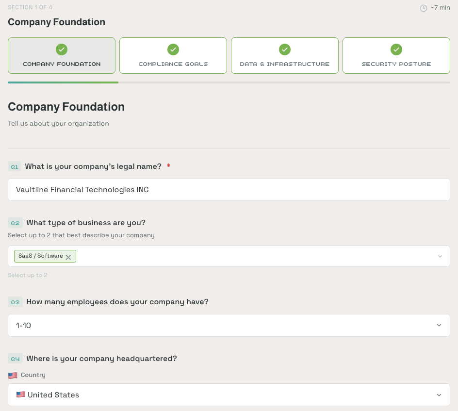 Company Foundation setup form showing fields for company name, business type, employee count, and headquarters location