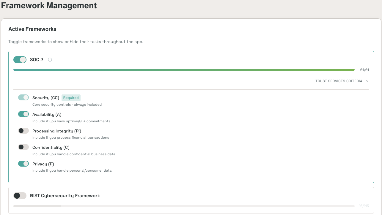 Framework Management screen showing SOC 2 active with Trust Services Criteria toggles, and NIST Cybersecurity Framework toggled off