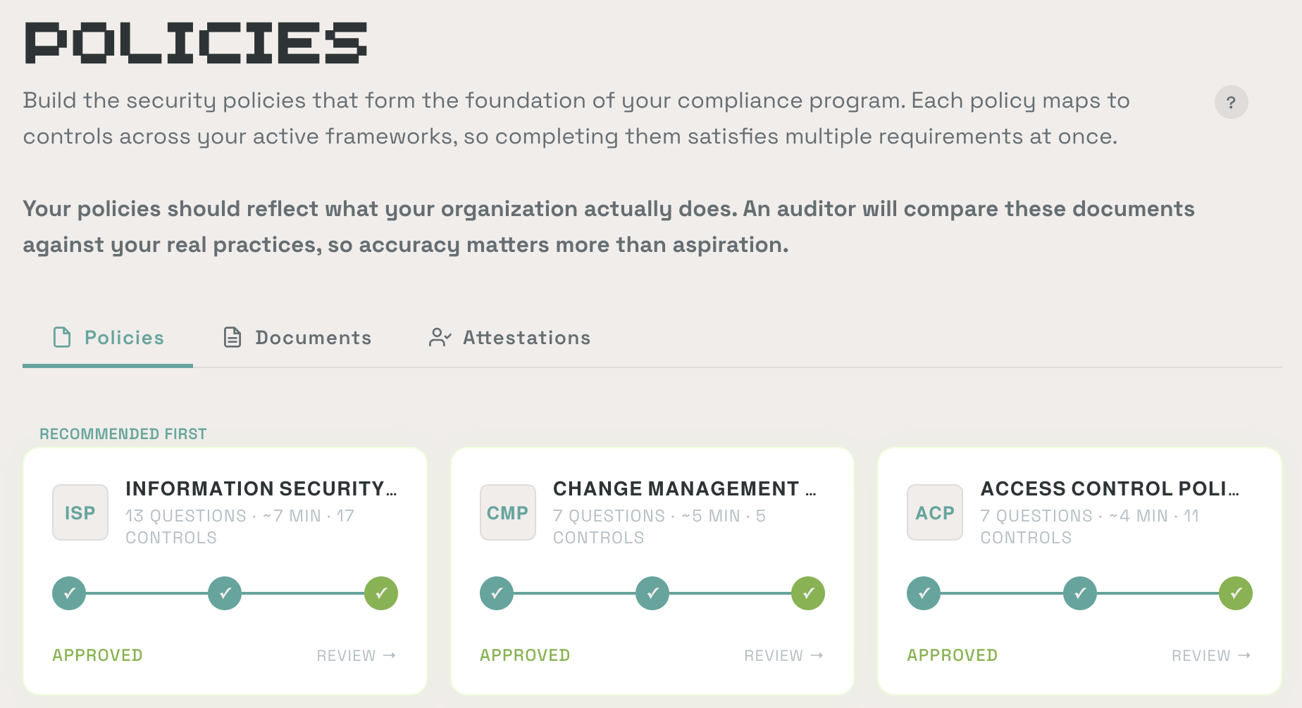 Policies page showing policy tiles for Information Security, Change Management, and Access Control with Approved status and workflow progress indicators