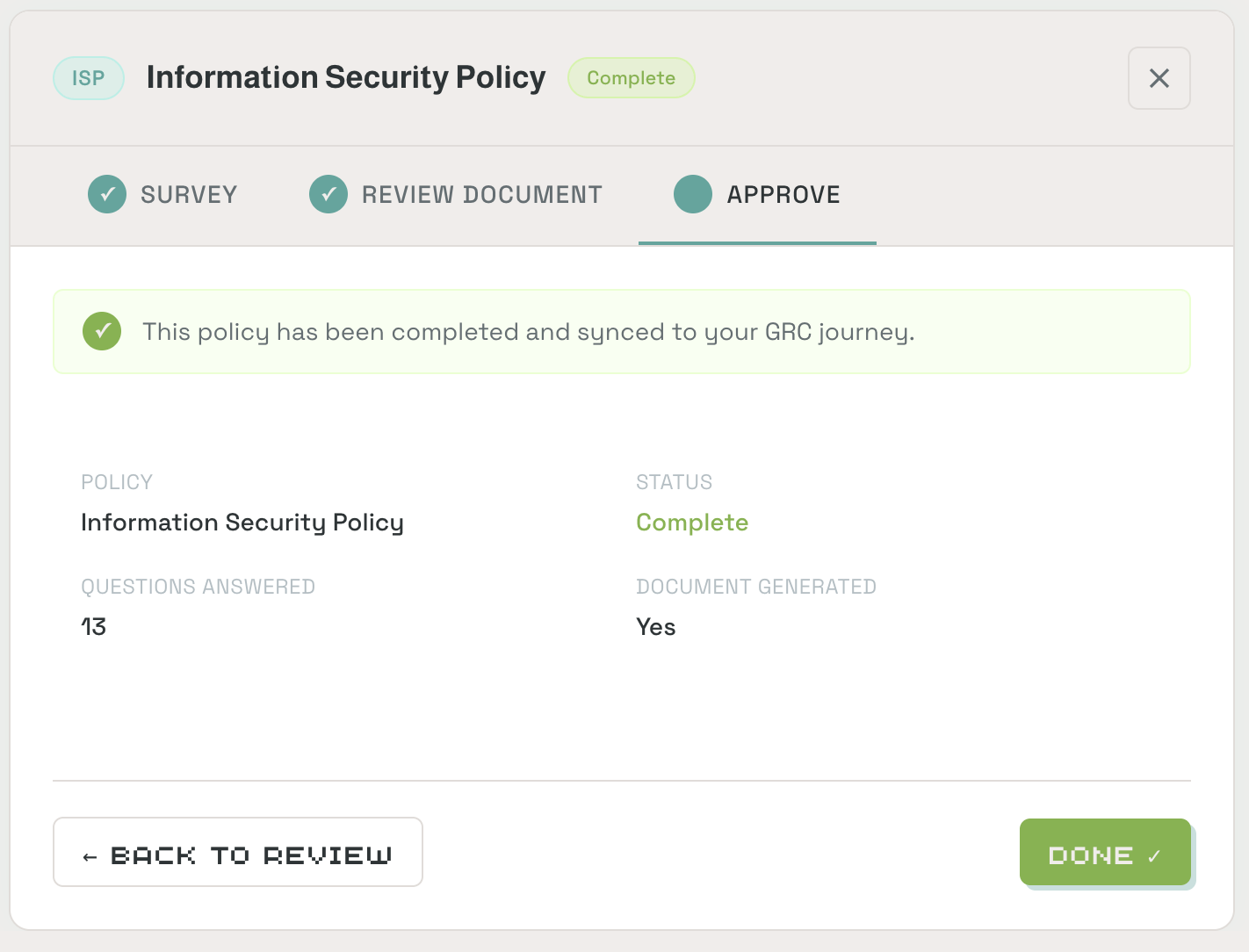 Approve tab showing completed policy summary with status Complete, 13 questions answered, document generated, and Done button