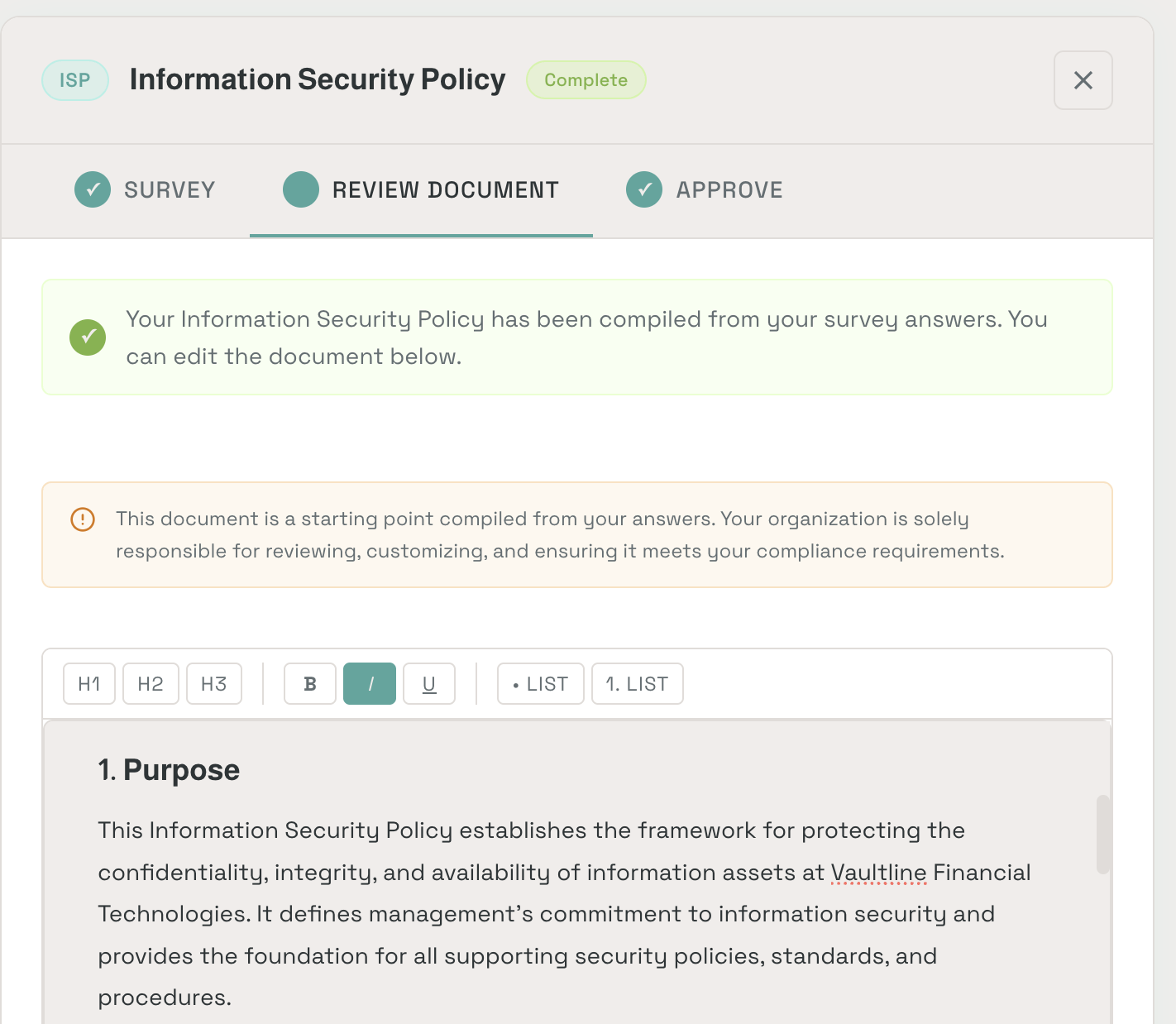 Review Document tab showing the generated Information Security Policy with rich-text editor toolbar and Purpose section