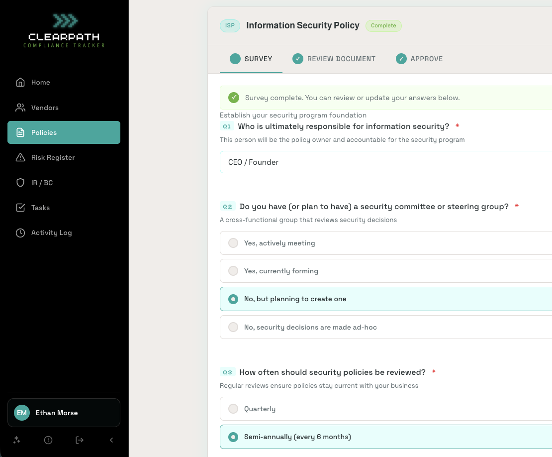 Information Security Policy workflow showing Survey, Review Document, and Approve tabs, with survey questions visible