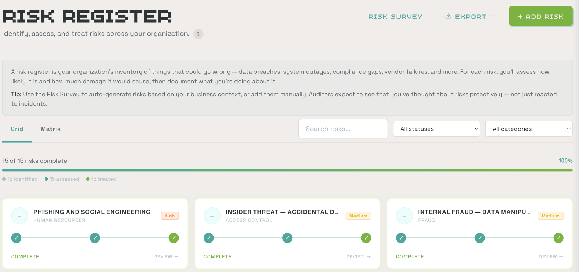 Risk Register page showing Grid and Matrix tabs, risk tiles with completion status, search and filter options, and Risk Survey and Export buttons
