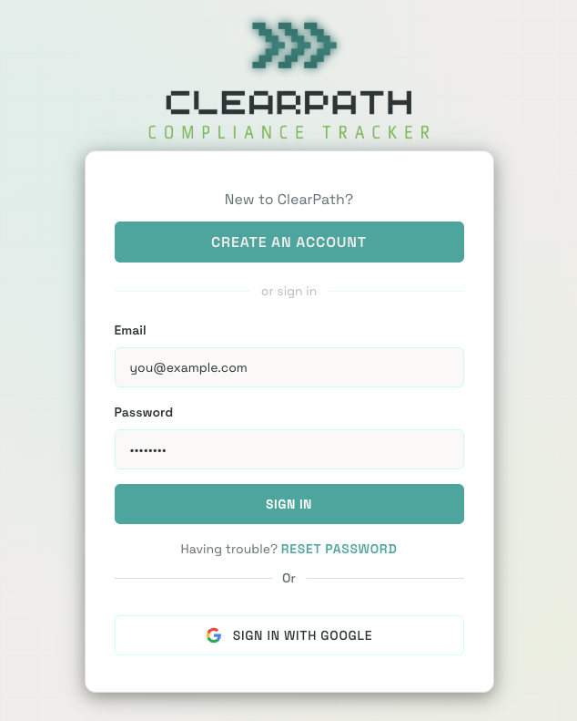 Sign-in screen showing email/password fields, Create an Account button, and Sign In with Google option
