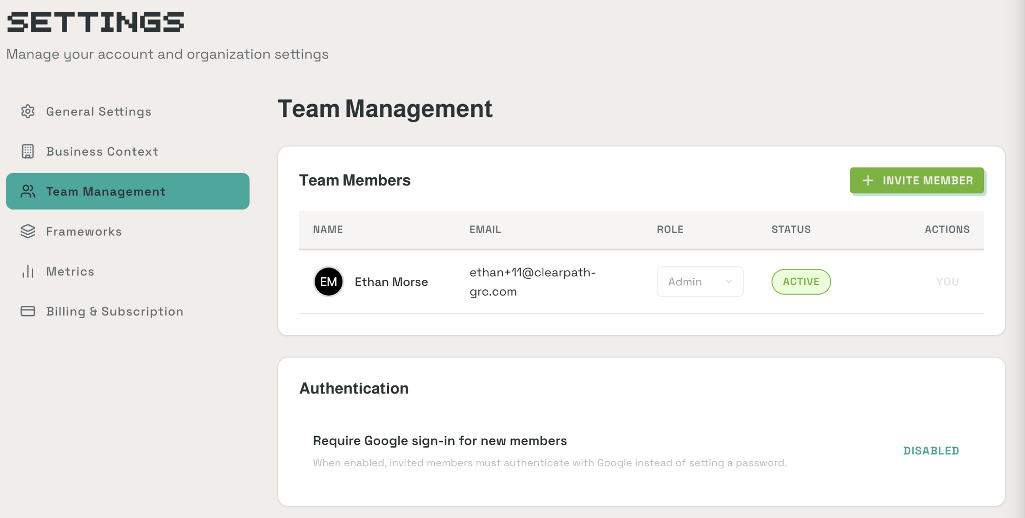 Team Management tab showing team members table with name, email, role, and status columns, Invite Member button, and Authentication settings
