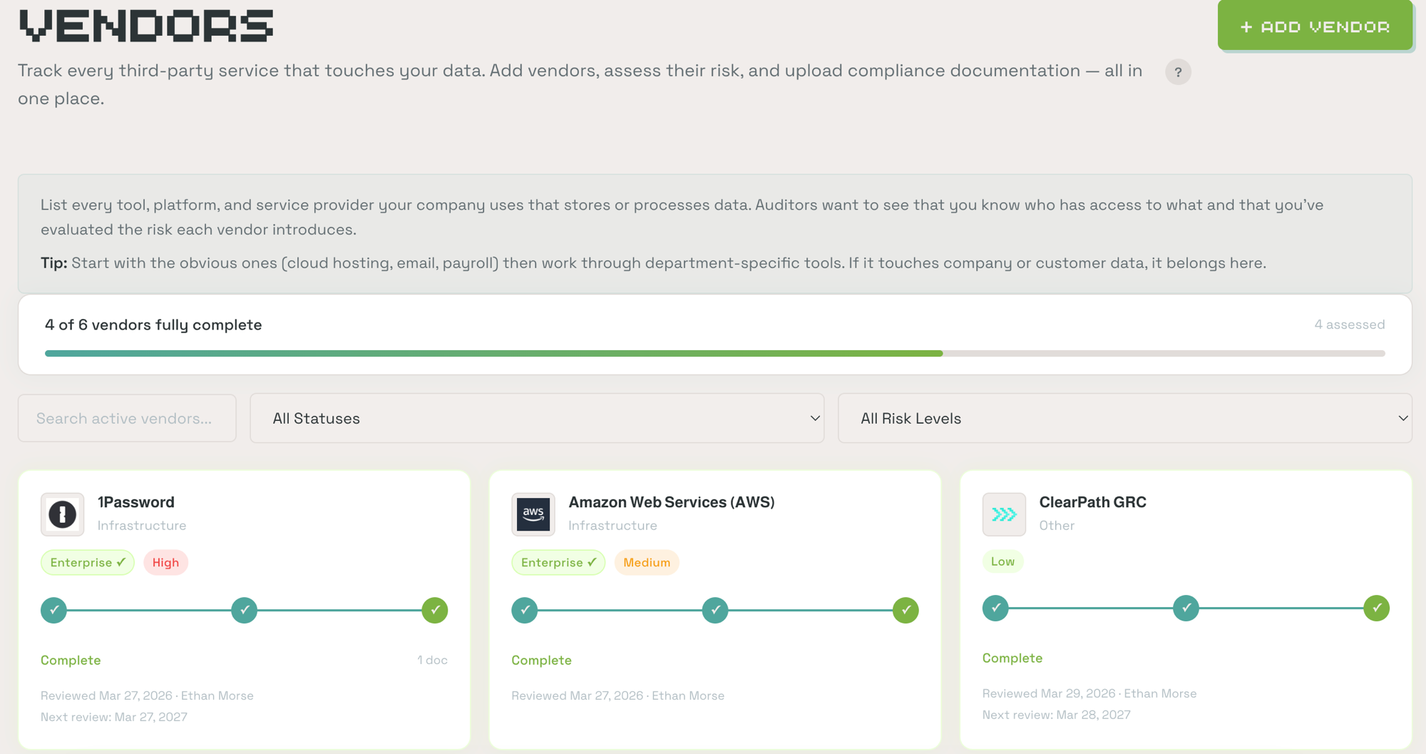 Vendors page showing vendor tiles for 1Password, AWS, and ClearPath GRC with completion status, risk levels, and 3-step progress indicators